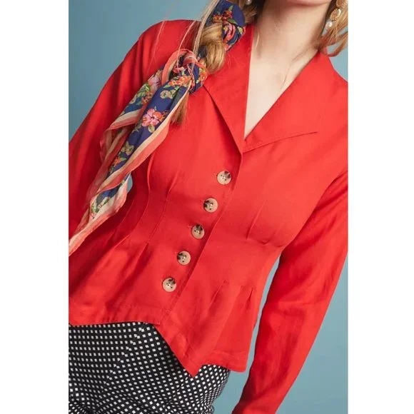 Anthropologie Maeve Linen Delia Tailored Blouse Pleated Button Down Blazer Shirt - Picture 1 of 8